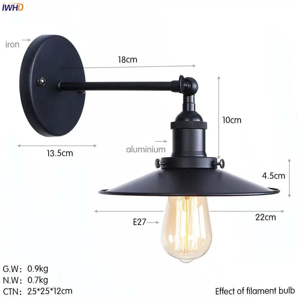 Black wrought iron and aluminum industrial wall lamp with wide dome shade for DecorBites antique gold rustic decor
