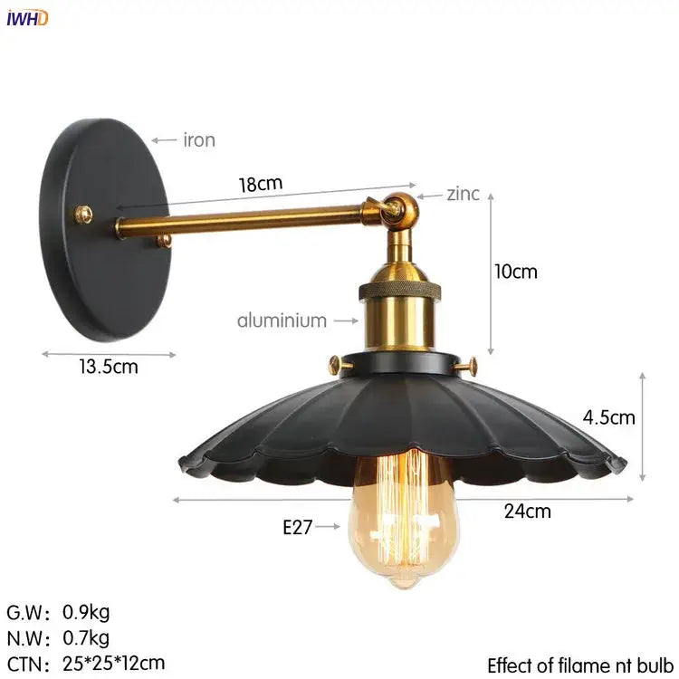 Black scalloped shade wall lamp with brass accents and e27 bulb socket from decorbites antique gold rustic collection