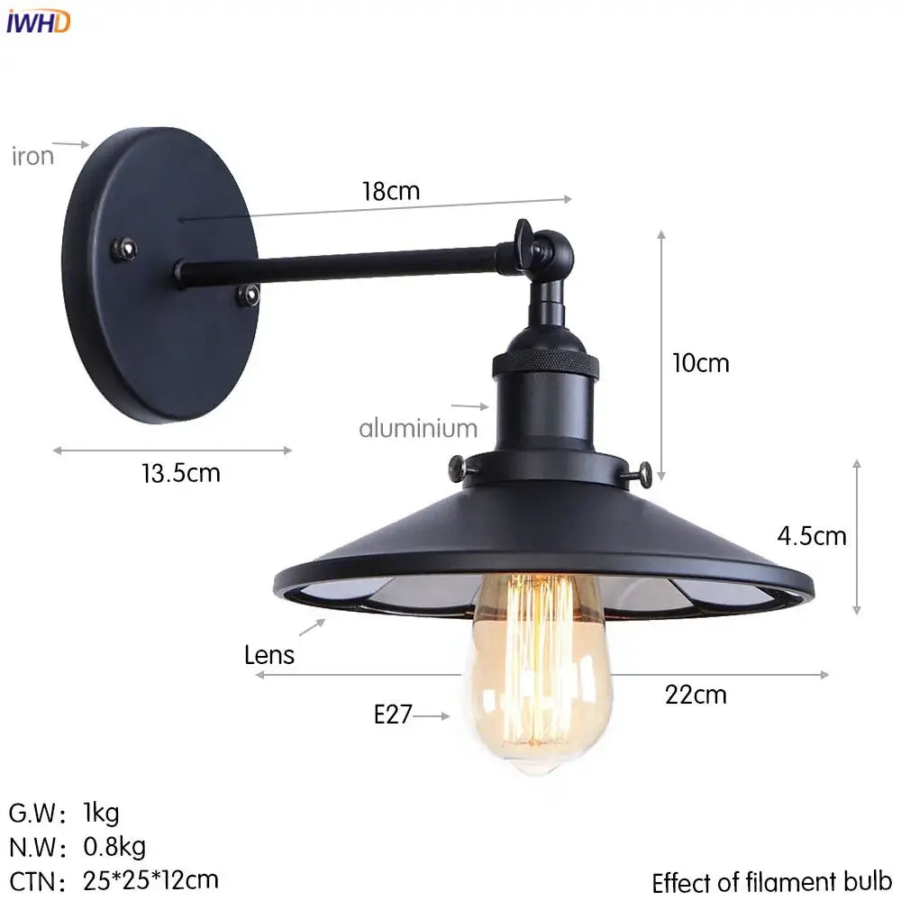Decorbites antique gold rustic wall lamps featuring black wrought iron and aluminum with exposed filament bulb