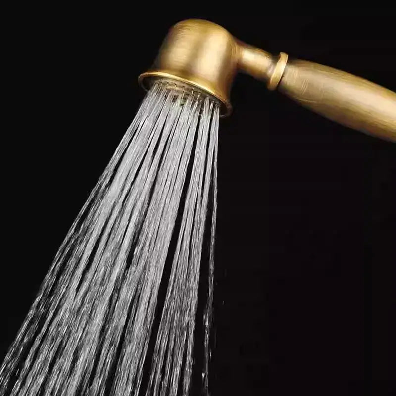 Antique brass DecorBites handheld shower head with classic rounded design and multiple water streams, includes shower head holder