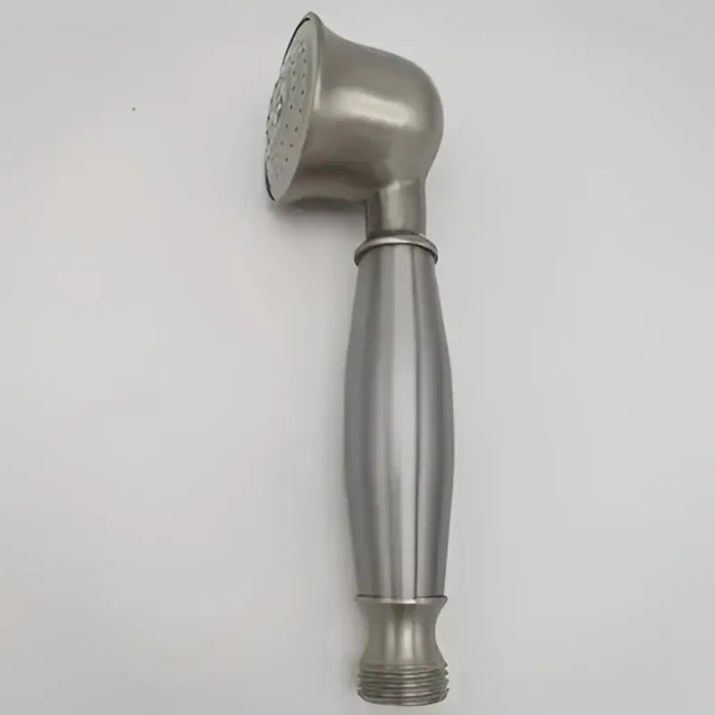 Stainless steel handheld shower head with sleek curved design and textured grip in DecorBites shower head holder