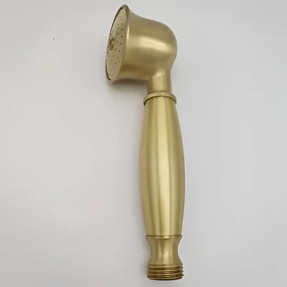 Gold-colored brass shower head with sleek elongated handle and circular spray face for decorbites antique shower head holder