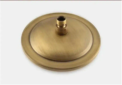 Brass-colored circular base with central threaded fitting for DecorBites antique shower head holder stand