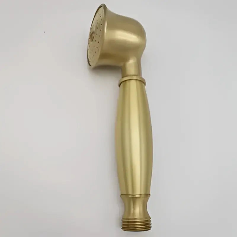 Gold-colored brass shower head with sleek elongated handle and circular spray face from decorbites antique handheld set