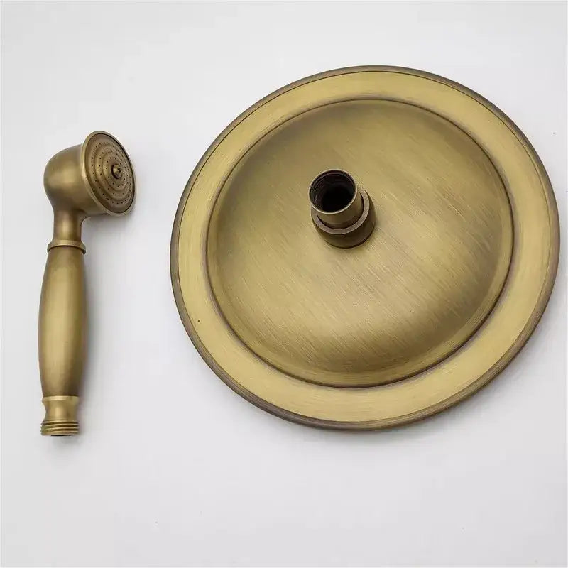 Brass-finished decorbites antique handheld shower head with circular wall mount assembly for versatile bathroom use