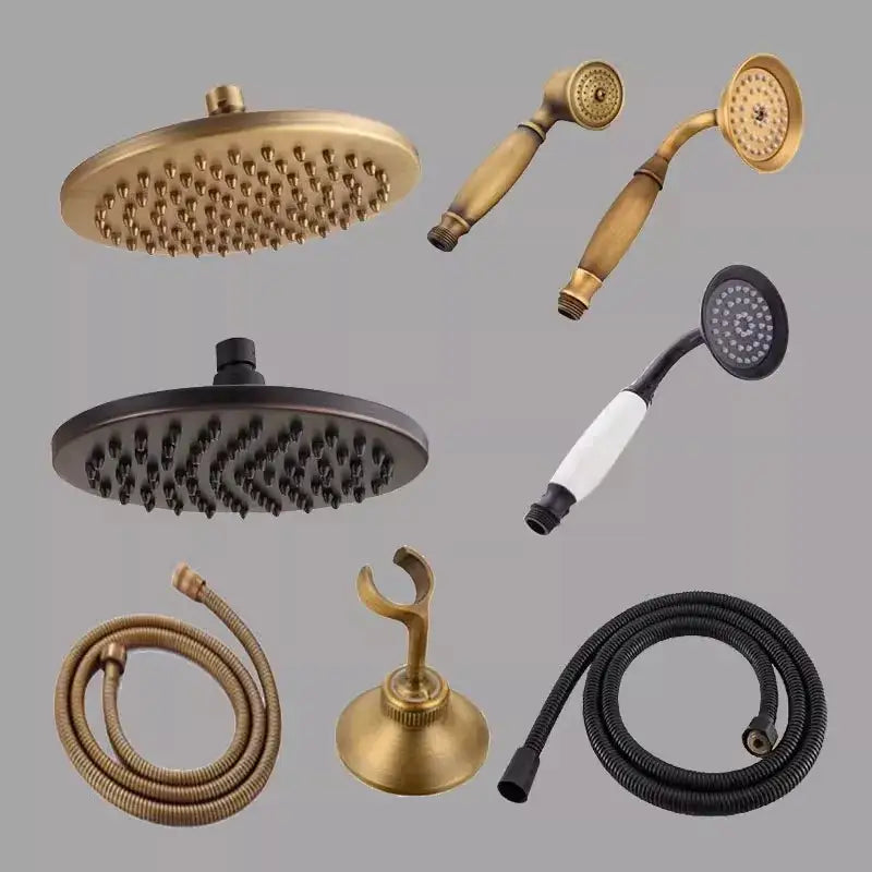 Decorbites antique handheld shower head set in antique brass and matte black with matching hoses and wall-mounted holder