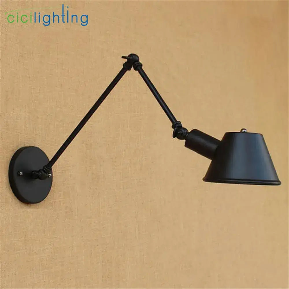 Black matte finished adjustable wall lights with double swing arms and conical metal shade for home office study