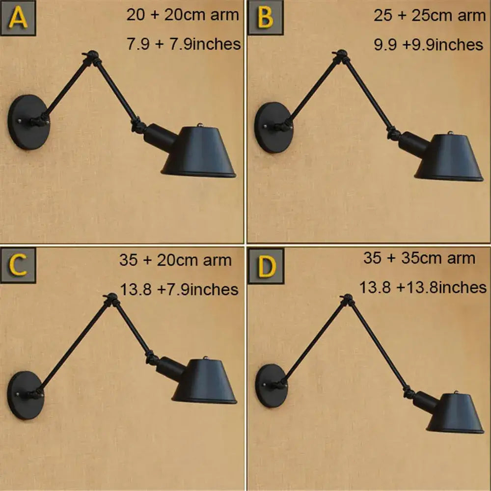 Black matte adjustable arm wall lights with conical antique metal shade and double swing arms for home office study