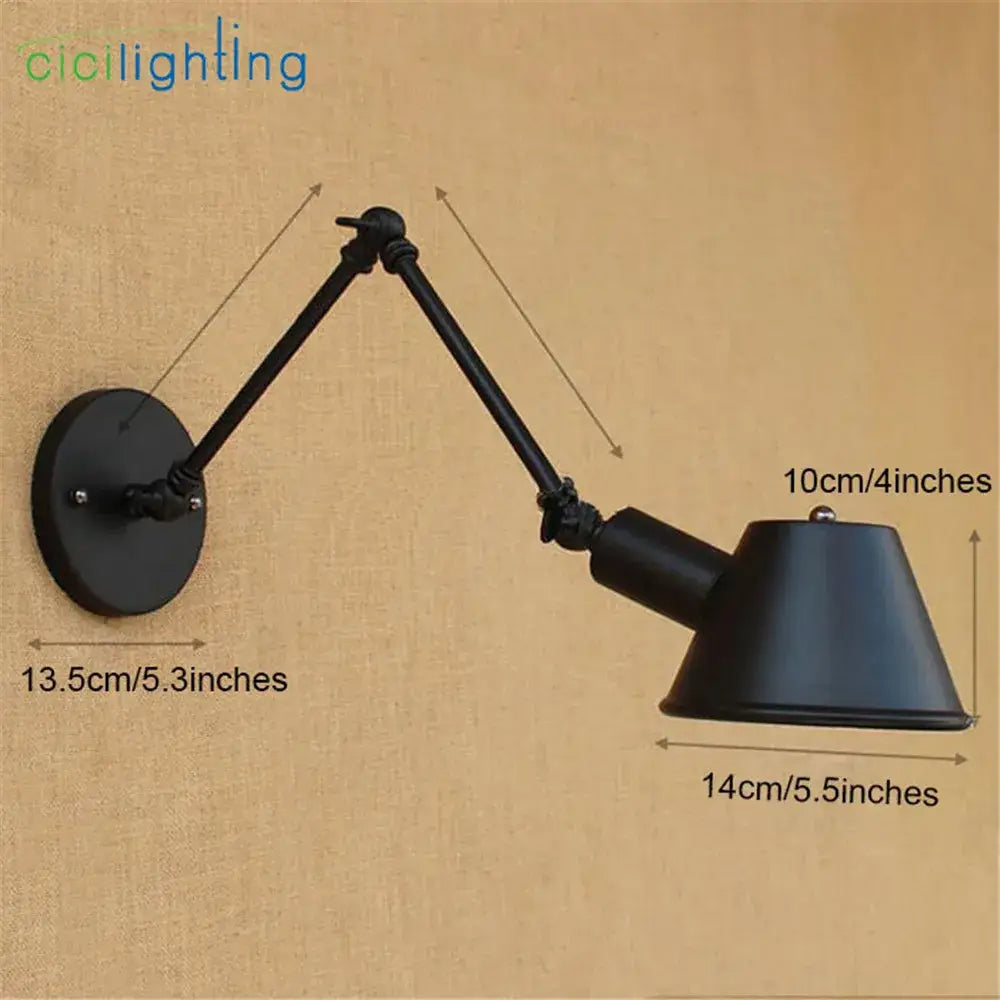 Black industrial-style wall lights with double swing arms and antique metal conical shade for home office study