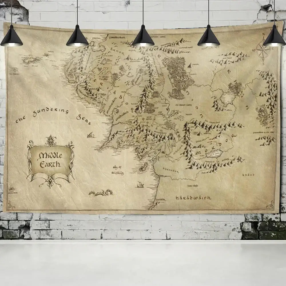 Beige vintage-style middle earth tapestry with intricate black geography and ornate lettering for antique pirate treasure decor