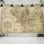 Beige vintage-style middle earth tapestry with intricate black geography and ornate lettering for antique pirate treasure decor