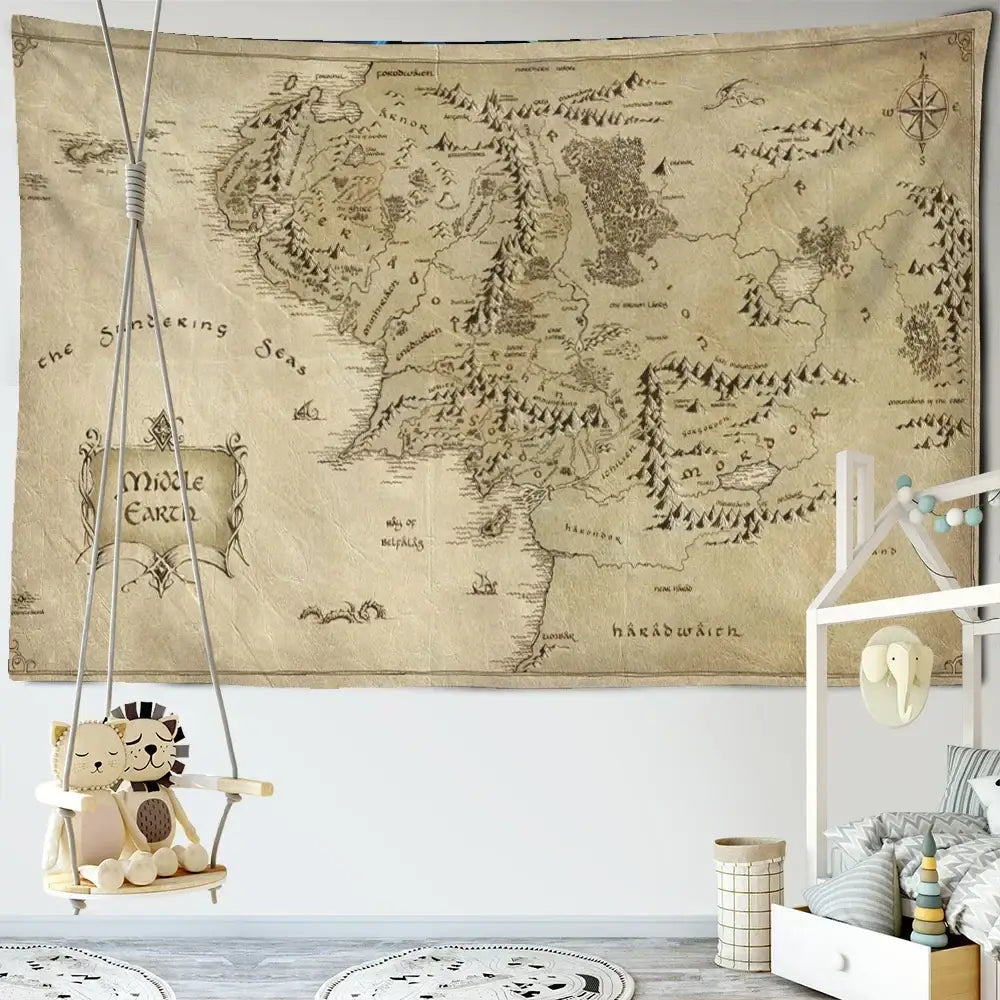 Vintage-style beige tapestry wall hanging with detailed black ink middle earth map featuring antique pirate treasure design