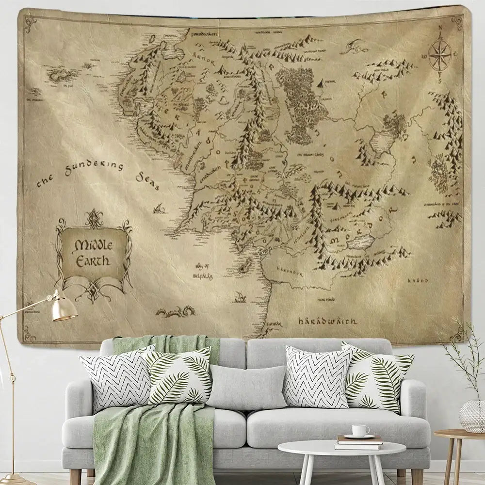 DecorBites™ antique pirate treasure tapestry wall hanging beige with black ink pirate treasure map and decorative borders