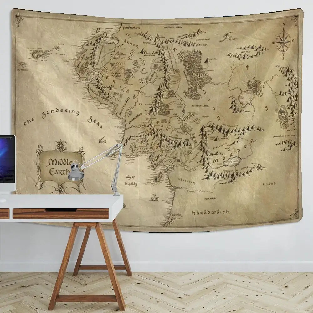 Vintage-style middle earth map tapestry in sepia with intricate black ink detailing for antique pirate treasure decor