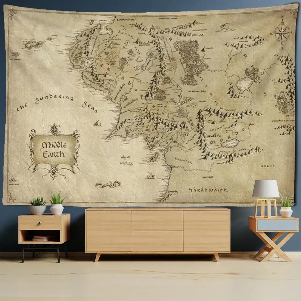 Vintage-style beige tapestry wall hanging with detailed middle earth map and ornate lettering for antique pirate treasure decor