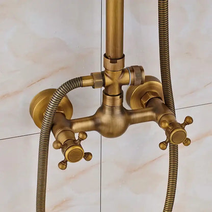 Brass-finished DecorBites antique shower mixer tap set with cross handles and 8 inch rainfall shower head