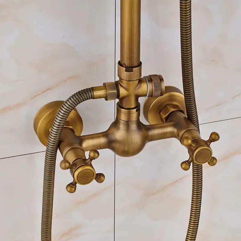 Brass-finished DecorBites antique shower mixer tap set with cross handles and 8 inch rainfall shower head