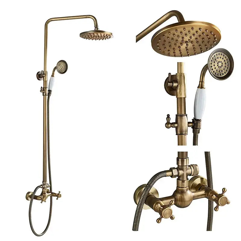 Antique brass-finished shower mixer tap set with 8 inch rainfall shower head and dual handles including handheld spray nozzle