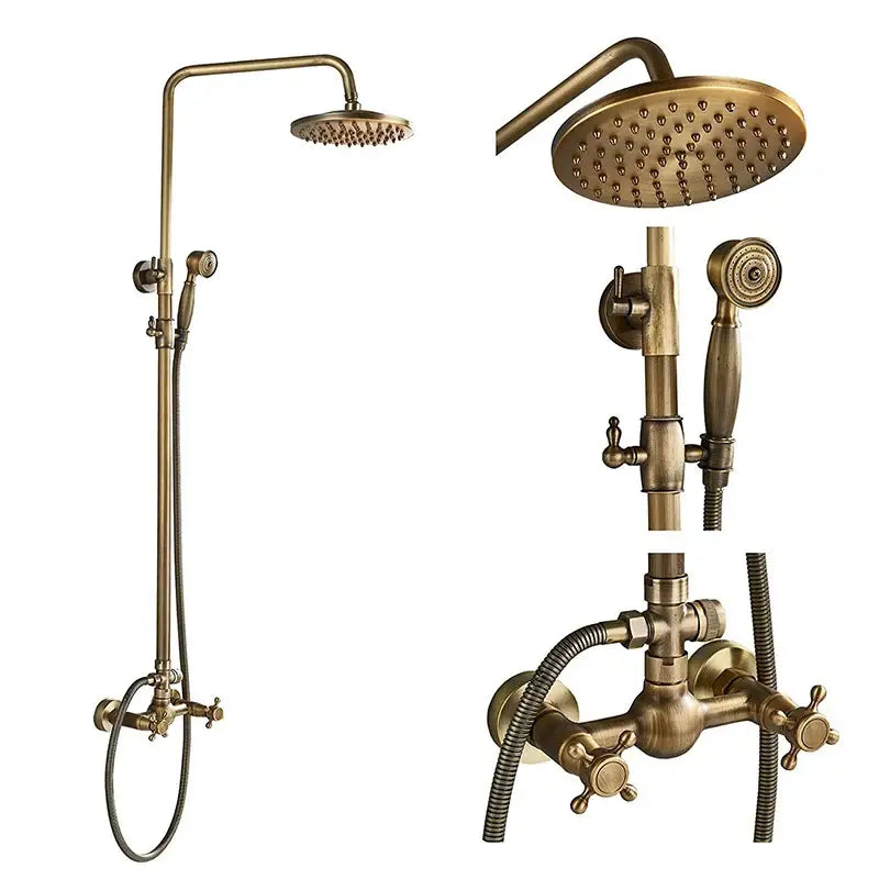 Brass-finished decorbites antique shower mixer tap set with 8 inch rainfall shower head and dual handles