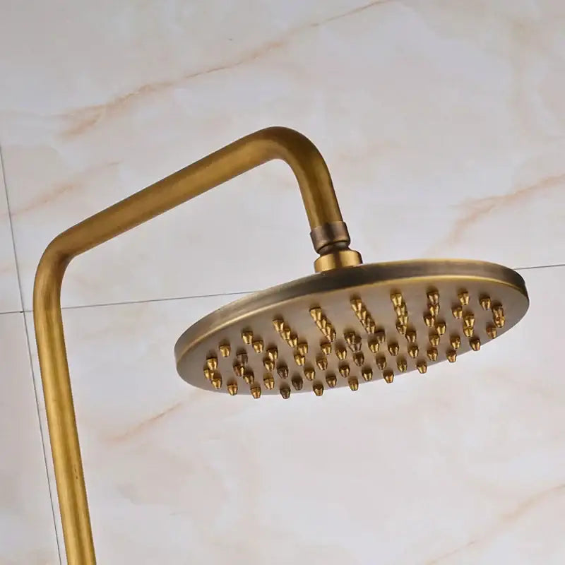 Antique brass round showerhead with curved arm and multiple nozzles in DecorBites™ shower mixer tap set