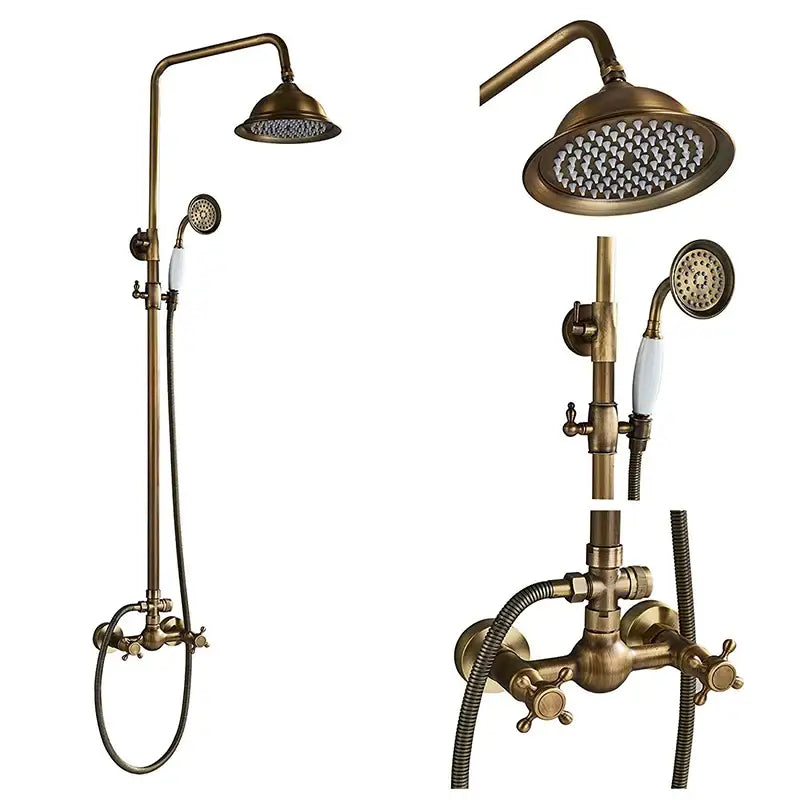 Brass decorbites antique shower mixer tap set with 8 inch rainfall shower head and dual handles in vintage style