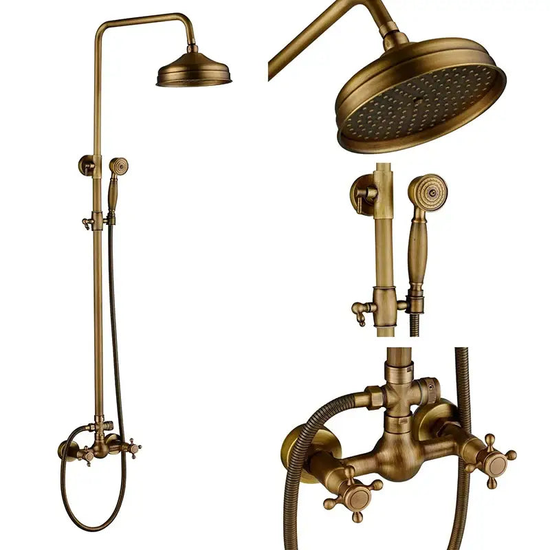 Decorbites™ antique brass-finished shower mixer tap set with 8 inch rainfall shower head and dual handles