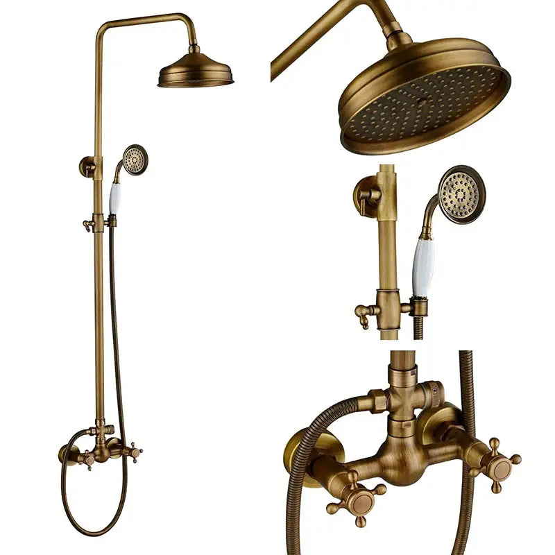 DecorBites™ antique brass shower mixer tap set with 8 inch rainfall shower head and dual handles with ceramic nozzle