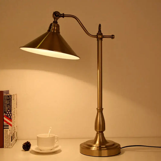 DecorBites antique-style bronze conical table lamp with rotary joint metal bedside night light in brass finish
