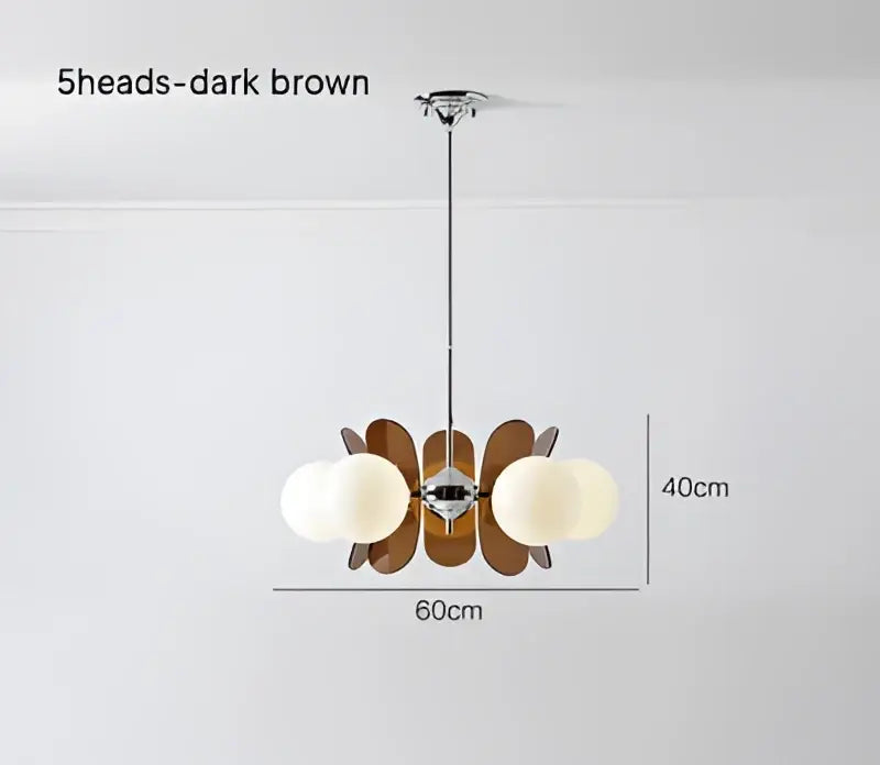 Dark brown wooden decorbites antique style chandelier with five spherical white glass shades for living room use