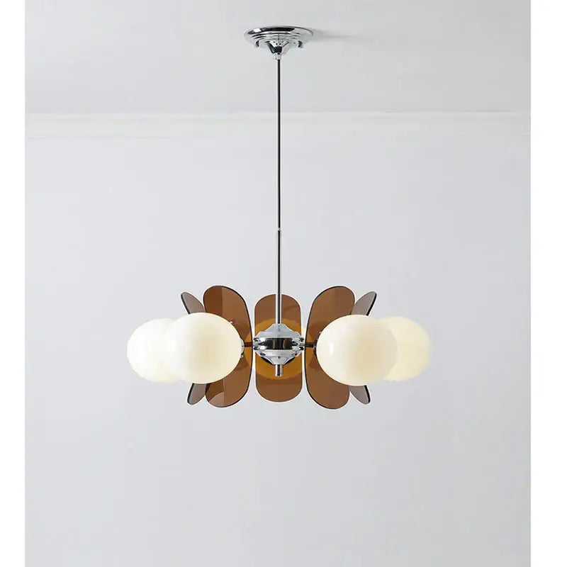 Chrome-finished decorbites antique style chandelier with five frosted globe bulbs and amber petal acrylic shades for living room