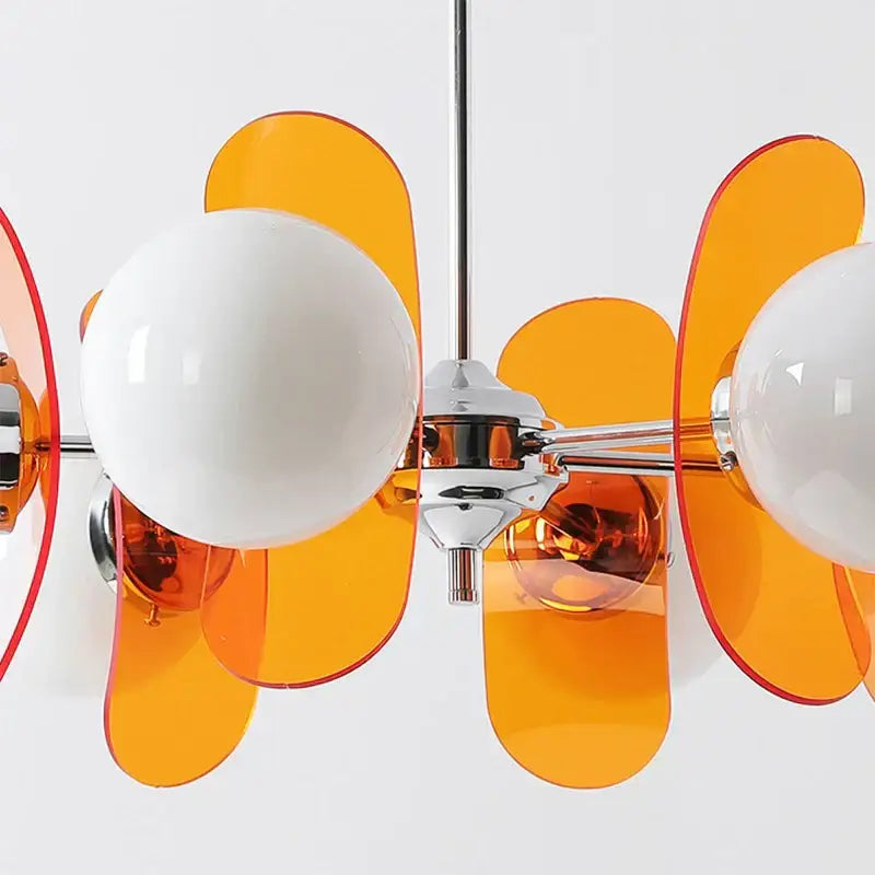 Vibrant orange and white glass decorbites antique style chandelier with chrome accents for restaurant and living room