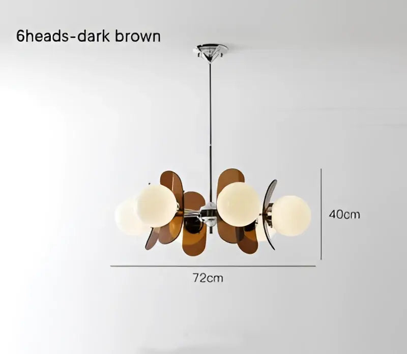 Dark brown six-head decorbites antique style chandelier with frosted glass globes and metallic leaf-shaped shades for living room