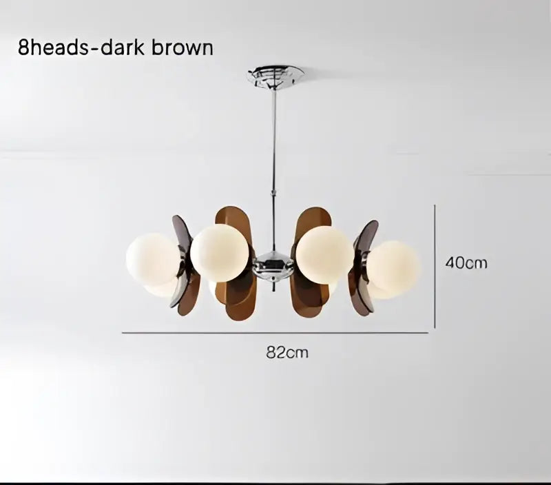 Dark brown wooden fan-shaped decorbites antique style chandelier with frosted glass globe lights for living spaces
