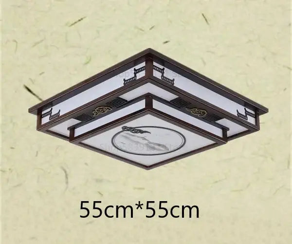 Square ceiling light with dark brown solid wood frame and white frosted glass featuring decorbites antique style motifs