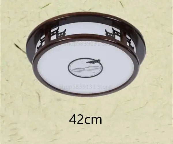 DecorBites antique style solid wood ceiling light with dark brown frame and white panel featuring pagoda and mountain design