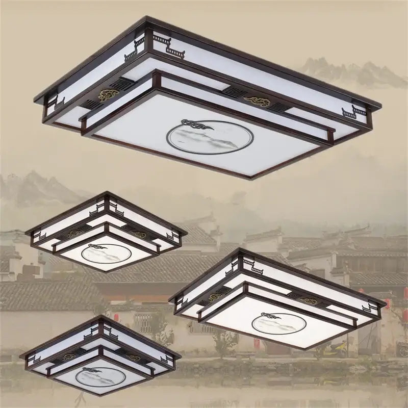 Rectangular solid wood decorbites antique style ceiling light with dark brown frame and white panels for living room