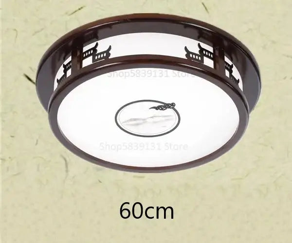 DecorBites antique style solid wood ceiling light with dark brown frame and white diffuser featuring Chinese pavilion silhouettes