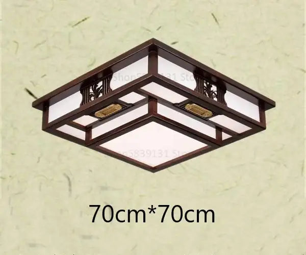 Dark brown solid wood ceiling light with intricate geometric lattice and frosted glass panels by DecorBites antique style
