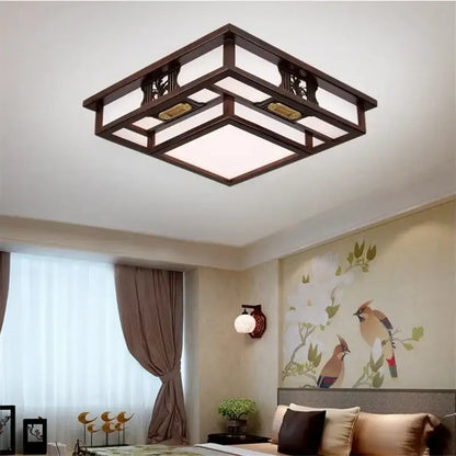 Dark wood square ceiling light with intricate carved details and frosted glass panels solid wood decorbites antique style