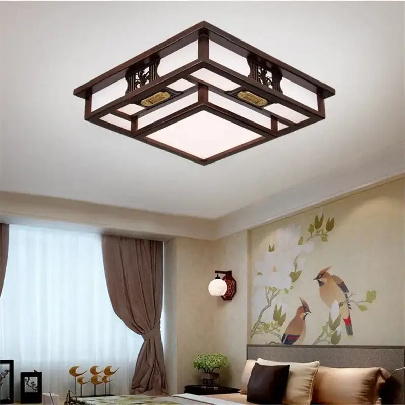 Dark wood square ceiling light with intricate carved details and frosted glass panels solid wood decorbites antique style