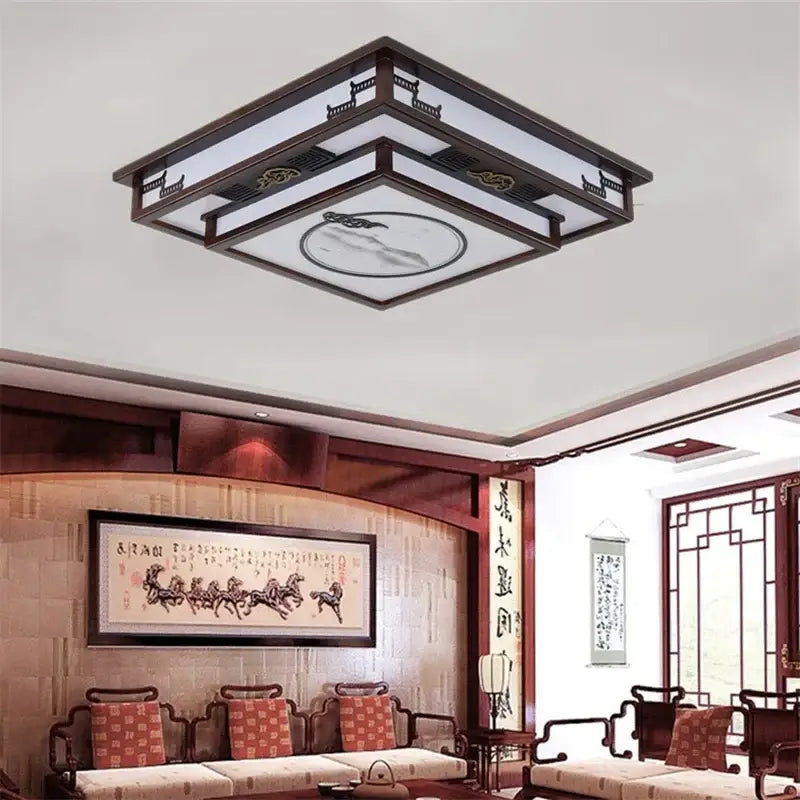 DecorBites Antique Style solid wood ceiling light with dark wood frame and white translucent panels for living room