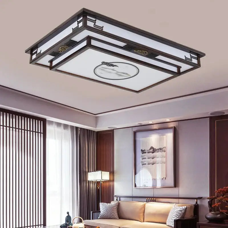 Rectangular solid wood decorbites antique style ceiling light with dark brown frame white panels and gold-leaf motifs