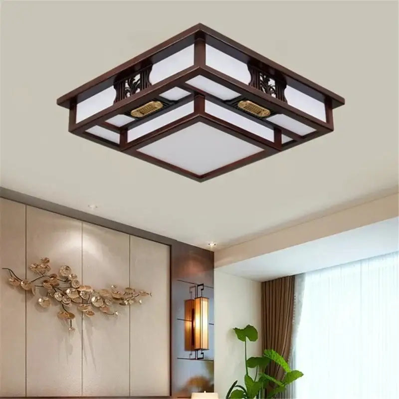 Square ceiling light with dark wood frame frosted glass panels and ornate gold accents decorbites antique style solid wood
