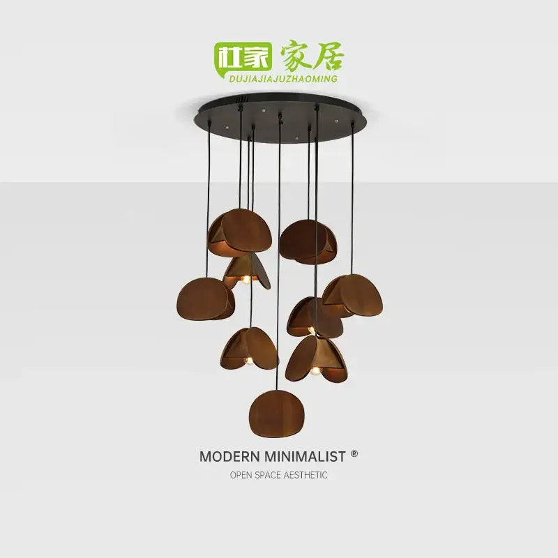 Modern minimalist decorbites antique style solid wood pendant light with black mount and bronze petal-shaped fixtures
