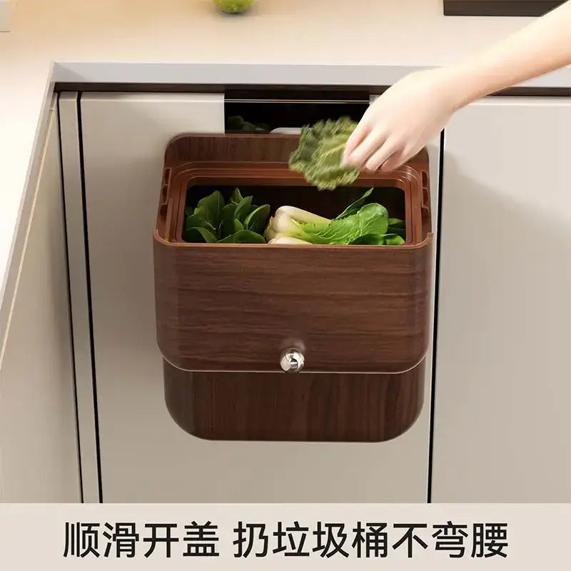 Decorbites antique style pull-out kitchen trash can with brown antique style wood grain and silver knob handle