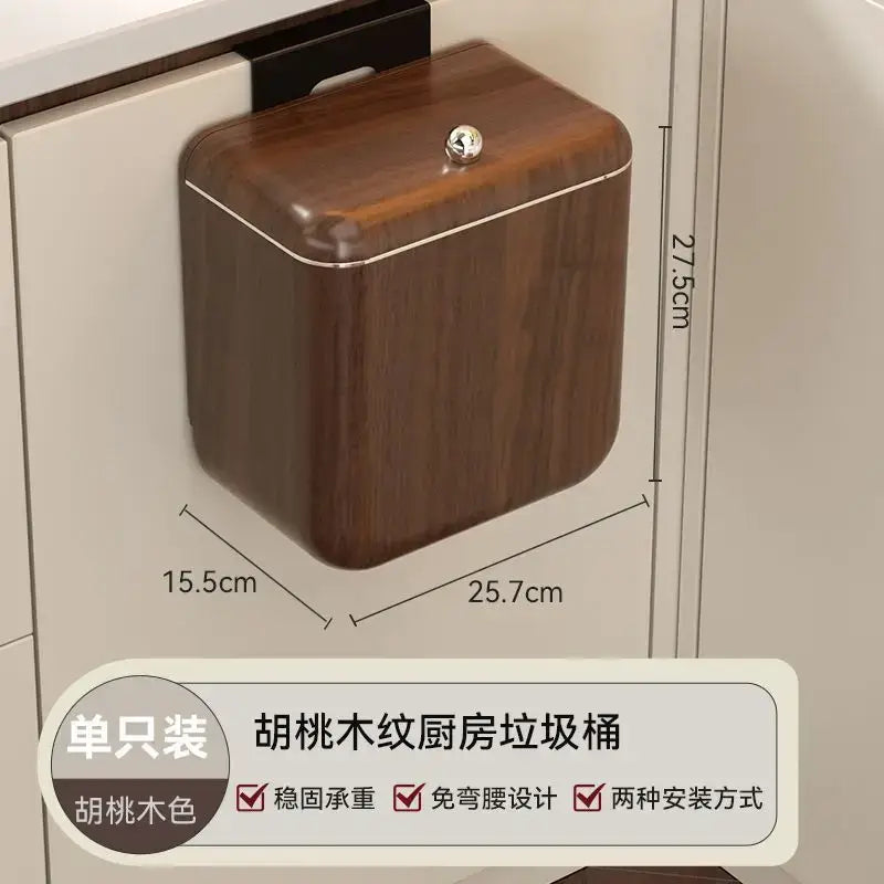 Decorbites antique style wood grain hanging kitchen trash can with lid in walnut finish and silver knob