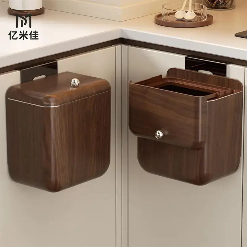Decorbites antique style wood grain hanging kitchen trash can with dark wood finish and silver-toned knobs