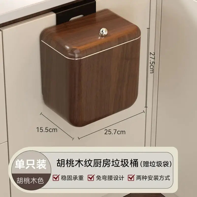 A sleek decorbites antique style wall-mounted kitchen trash can with rich walnut antique style wood grain finish and lid