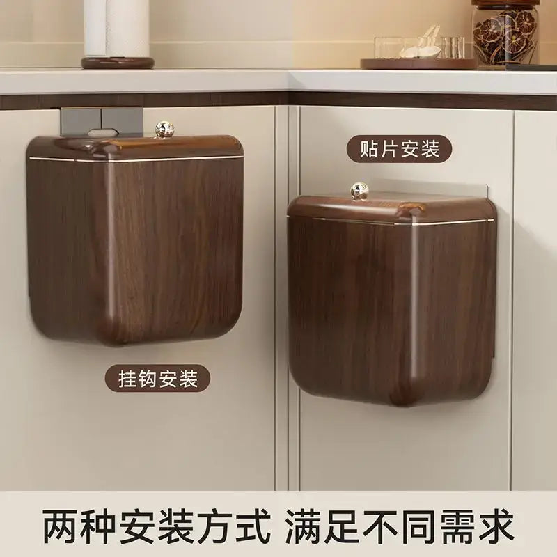 Decorbites antique style wood grain hanging kitchen trash can with dark wood finish and sleek metallic lid knob with two mounts