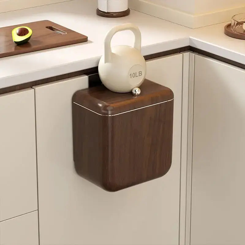 Decorbites antique style dark wood finish hanging kitchen trash can with lid and metallic trim in style wood grain design